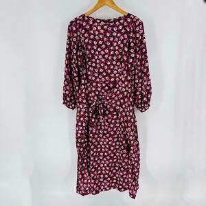 Ann Taylor Floral Midi Dress Size 2 Burgundy Pink White Long Sleeve Belted